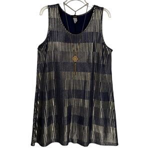 ESPRESSO | Gold Metallic Sleeveless Flare Midi‎ Dress with Necklace | Women's 3X